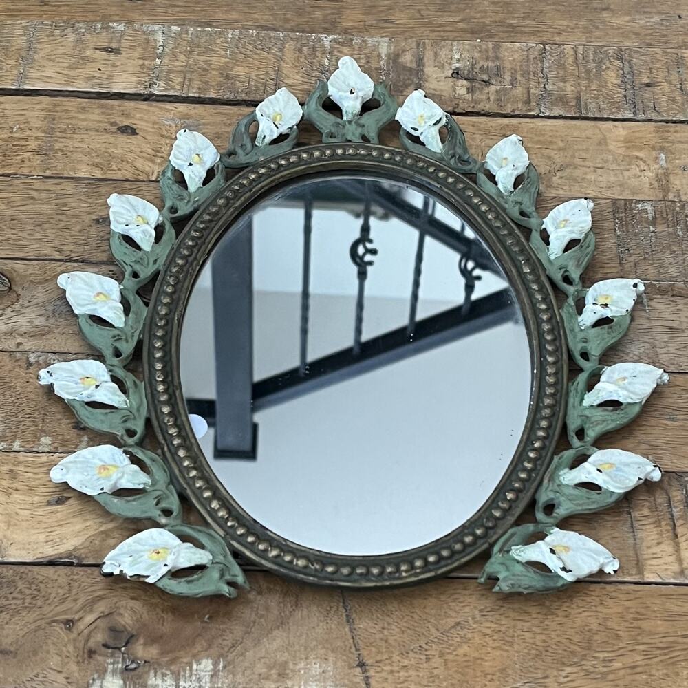 Antique Vinctorian Cast Iron Art White Calla Lily Mirror 11" Green White